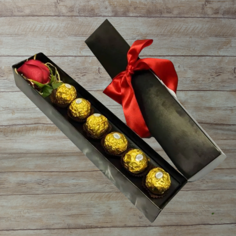 Mimo na Caixa "Preta" com 1 Rosa + Chocolate Ferrero Rocher